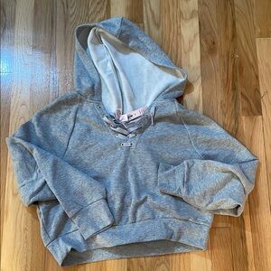 VS Gray Cropped Hooded Sweatshirt with V-Neck Lace Up Detail